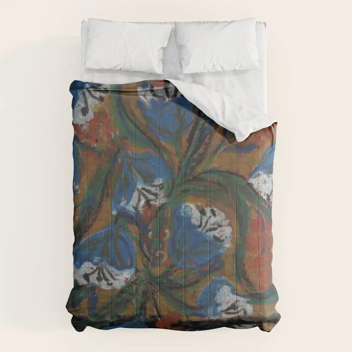 Blue Bell Flowers in Black Basket Whimsical Floral Still Life Folk Art Botanical Painting Comforter
