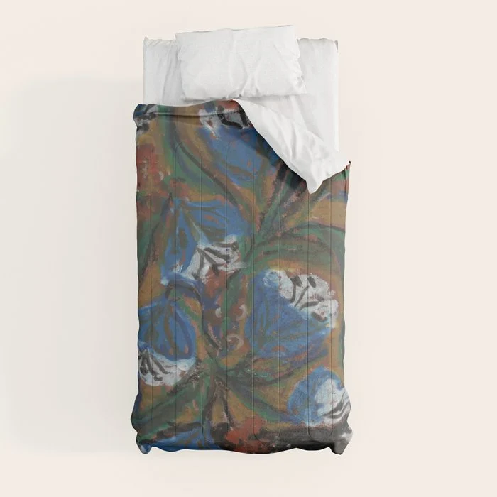 Blue Bell Flowers in Black Basket Whimsical Floral Still Life Folk Art Botanical Painting Comforter