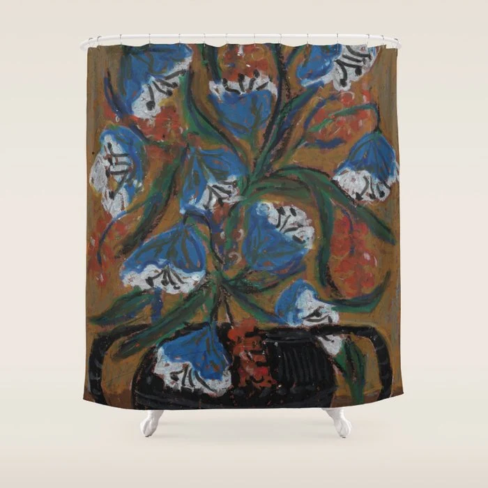 Blue Bell Flowers in Black Basket Whimsical Floral Still Life Folk Art Botanical Painting Shower Curtain