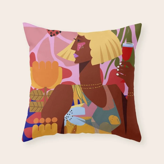 Woman with wine in floral garden Throw Pillow
