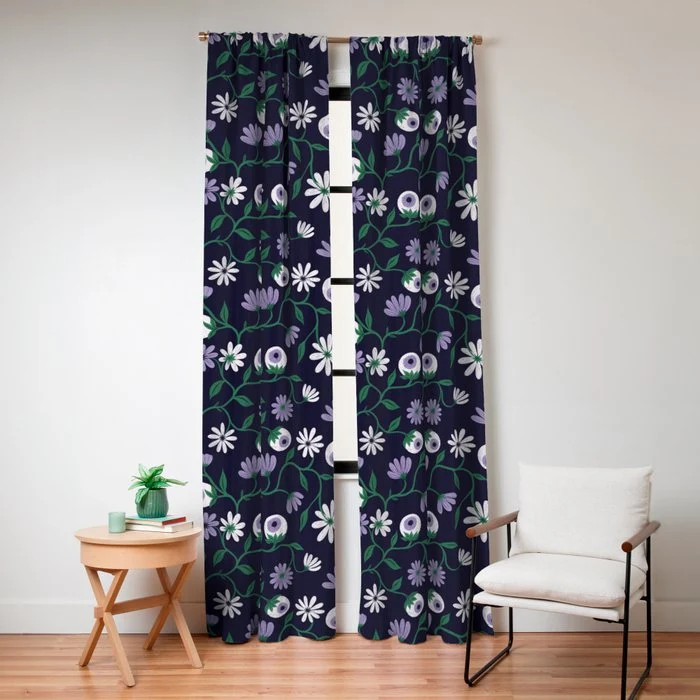 Dark Gothic Floral Garden Flowers and Eyes Creepy Halloween Window Curtain