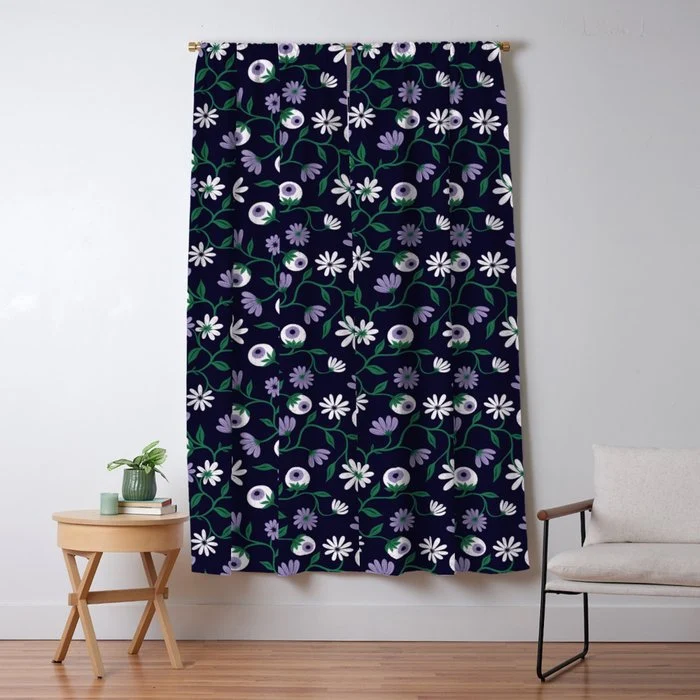 Dark Gothic Floral Garden Flowers and Eyes Creepy Halloween Window Curtain