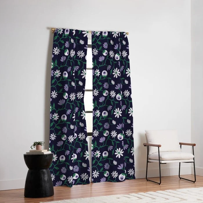 Dark Gothic Floral Garden Flowers and Eyes Creepy Halloween Window Curtain