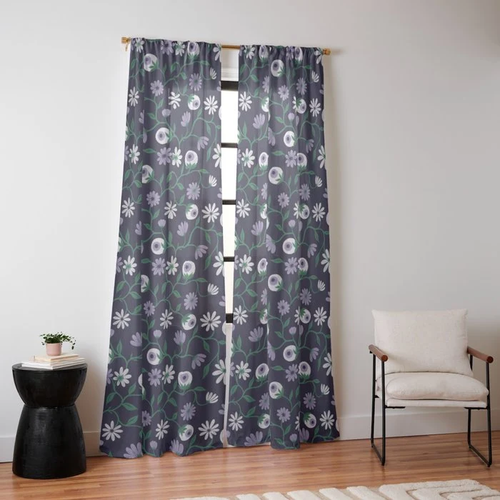 Dark Gothic Floral Garden Flowers and Eyes Creepy Halloween Window Curtain