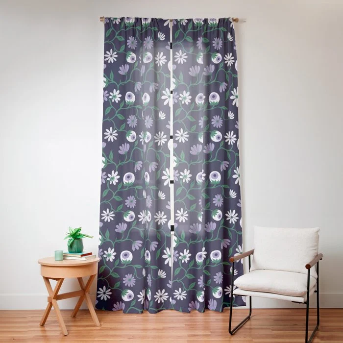 Dark Gothic Floral Garden Flowers and Eyes Creepy Halloween Window Curtain