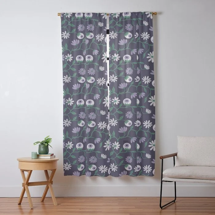 Dark Gothic Floral Garden Flowers and Eyes Creepy Halloween Window Curtain