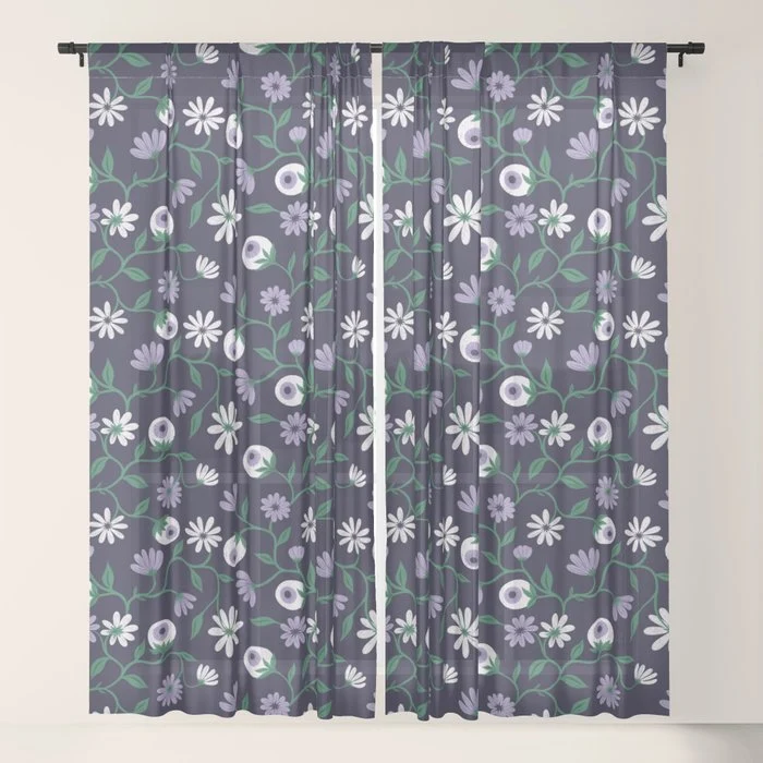 Dark Gothic Floral Garden Flowers and Eyes Creepy Halloween Window Curtain