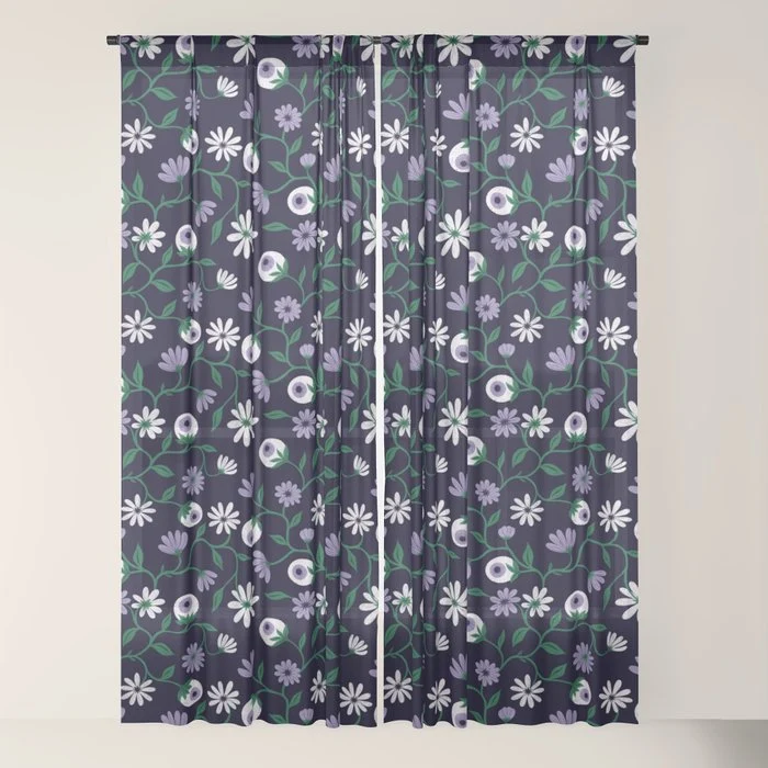 Dark Gothic Floral Garden Flowers and Eyes Creepy Halloween Window Curtain