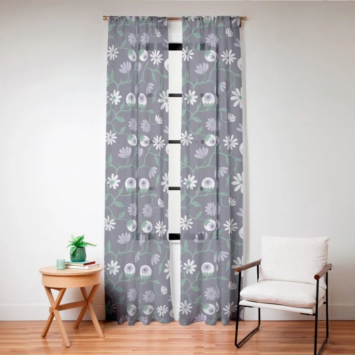 Dark Gothic Floral Garden Flowers and Eyes Creepy Halloween Window Curtain