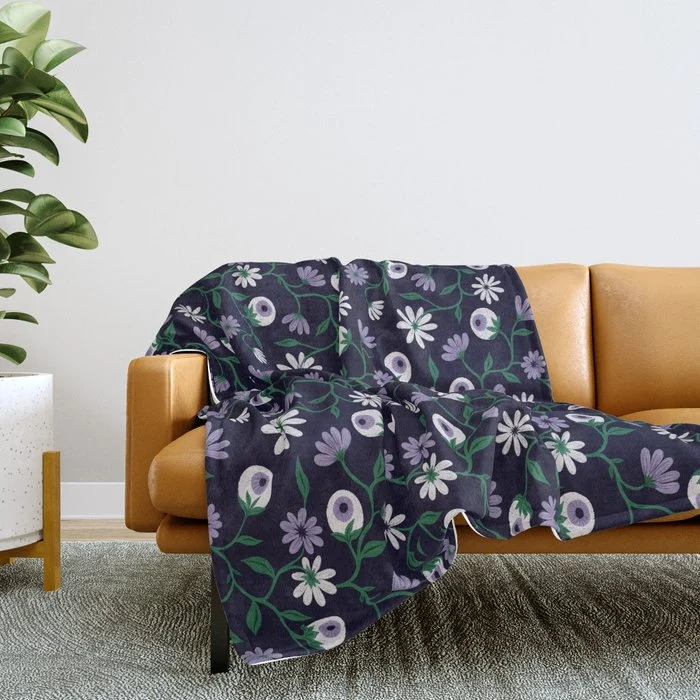 Dark Gothic Floral Garden Flowers and Eyes Creepy Halloween Throw Blanket
