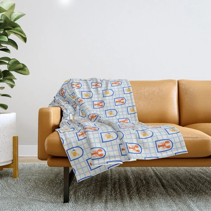Mediterranean lobster sea food art pattern Throw Blanket