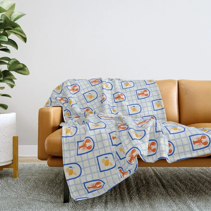 Mediterranean lobster sea food art pattern Throw Blanket