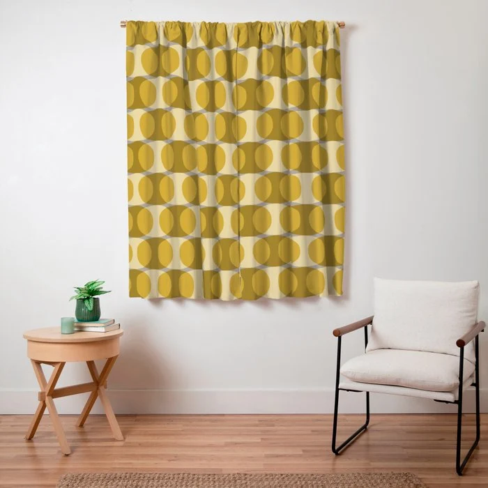 Mid Century Modern Abstract Geometric Spheramod Dot Pattern in Mustard and Gray Window Curtain