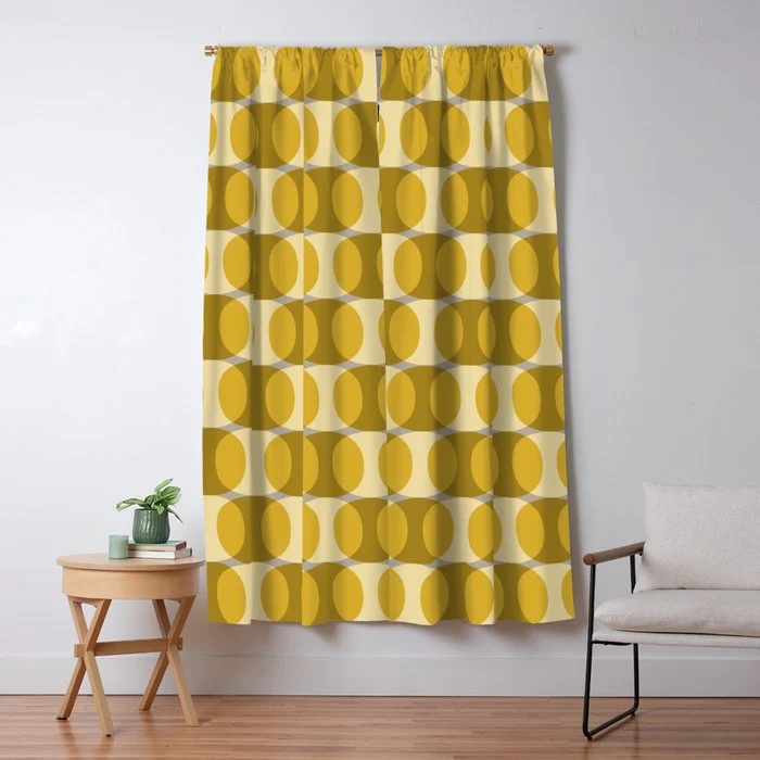Mid Century Modern Abstract Geometric Spheramod Dot Pattern in Mustard and Gray Window Curtain