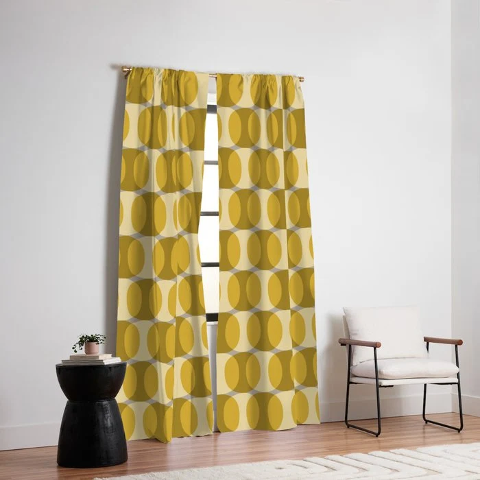Mid Century Modern Abstract Geometric Spheramod Dot Pattern in Mustard and Gray Window Curtain