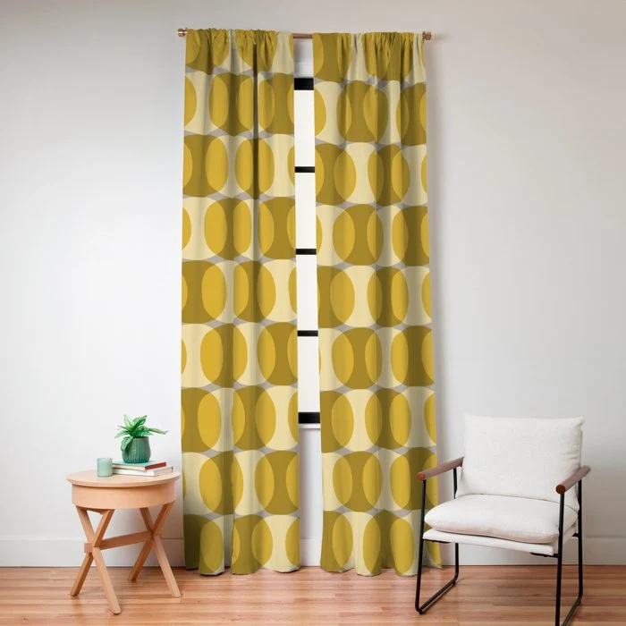 Mid Century Modern Abstract Geometric Spheramod Dot Pattern in Mustard and Gray Window Curtain