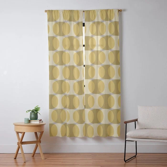 Mid Century Modern Abstract Geometric Spheramod Dot Pattern in Mustard and Gray Window Curtain