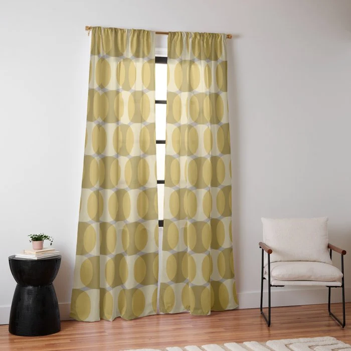 Mid Century Modern Abstract Geometric Spheramod Dot Pattern in Mustard and Gray Window Curtain