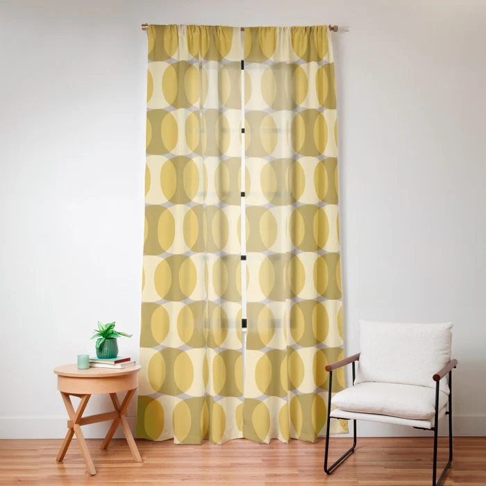 Mid Century Modern Abstract Geometric Spheramod Dot Pattern in Mustard and Gray Window Curtain