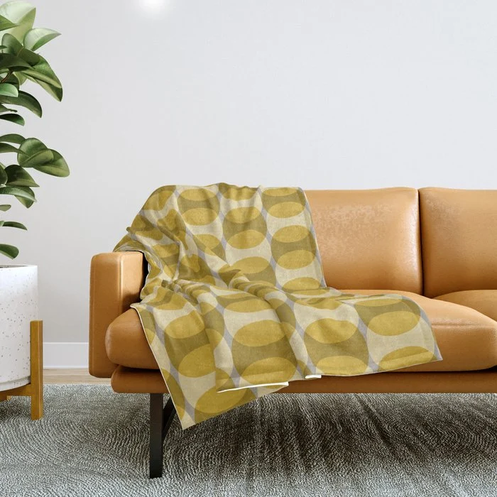 Mid Century Modern Abstract Geometric Spheramod Dot Pattern in Mustard and Gray Throw Blanket