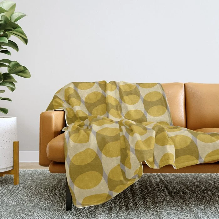 Mid Century Modern Abstract Geometric Spheramod Dot Pattern in Mustard and Gray Throw Blanket
