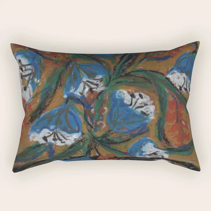 Blue Bell Flowers in Black Basket Whimsical Floral Still Life Folk Art Botanical Painting Rectangular Pillow