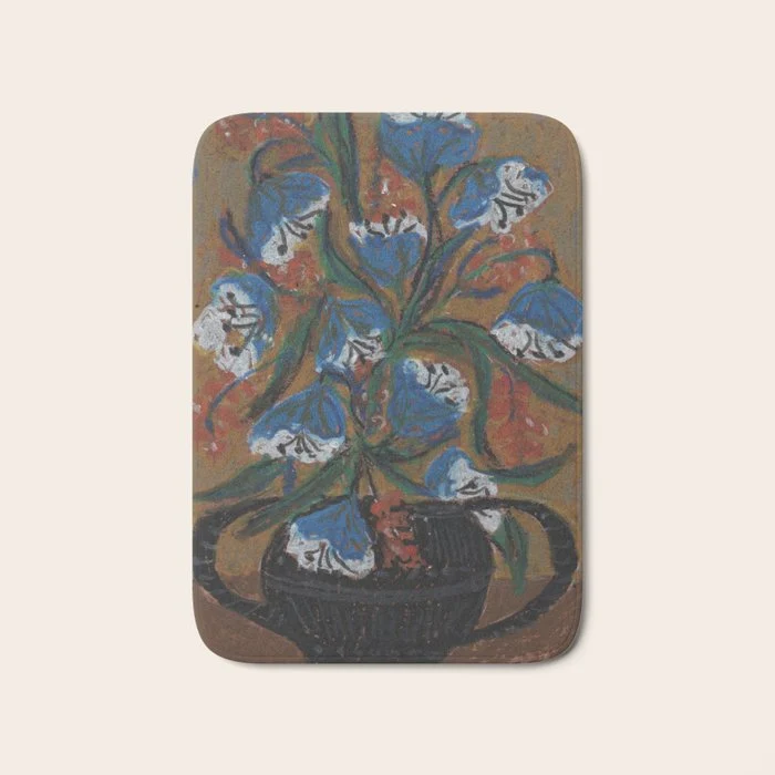 Blue Bell Flowers in Black Basket Whimsical Floral Still Life Folk Art Botanical Painting Bath Mat