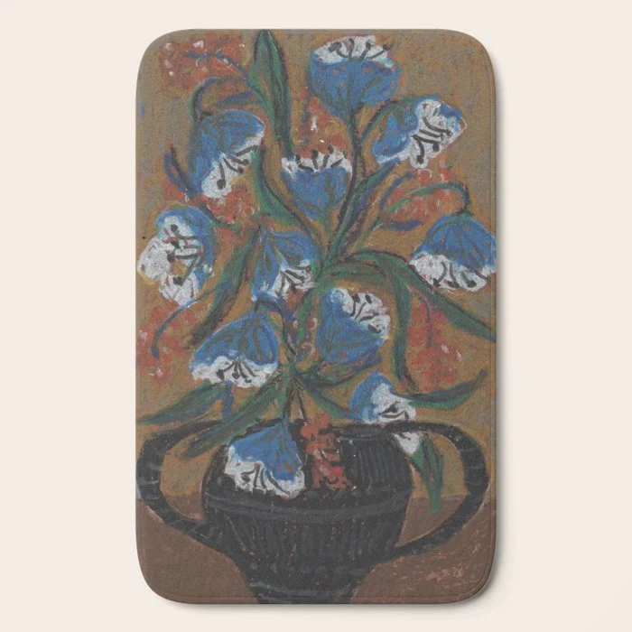 Blue Bell Flowers in Black Basket Whimsical Floral Still Life Folk Art Botanical Painting Bath Mat