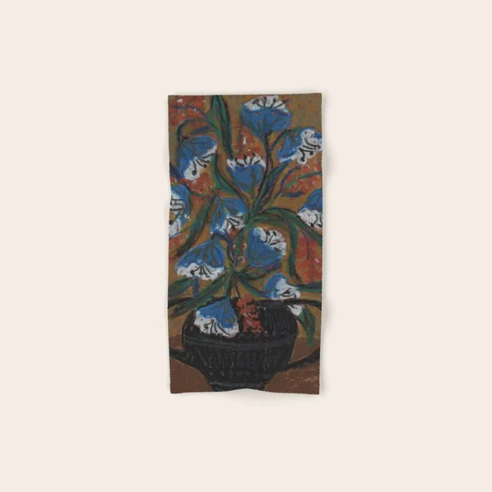 Blue Bell Flowers in Black Basket Whimsical Floral Still Life Folk Art Botanical Painting Bath Towel