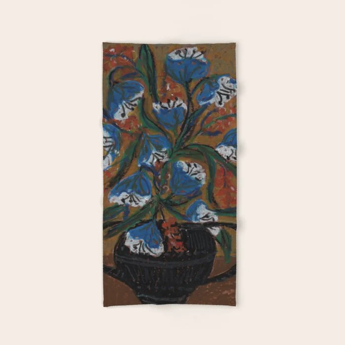 Blue Bell Flowers in Black Basket Whimsical Floral Still Life Folk Art Botanical Painting Bath Towel