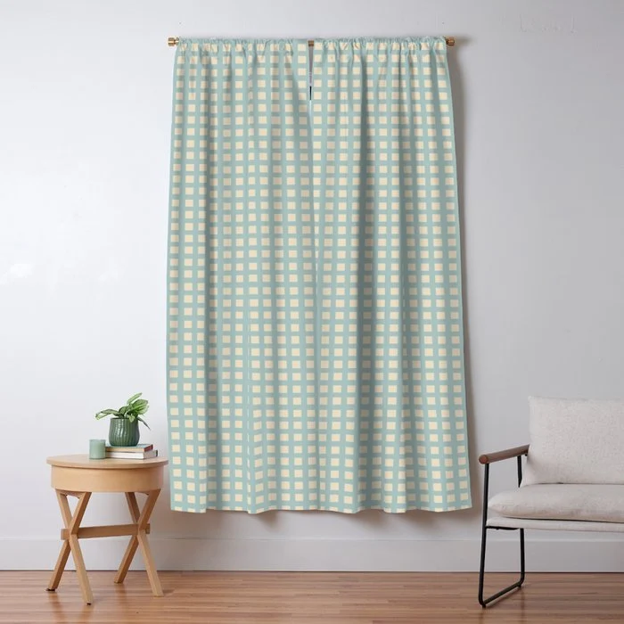 Blue geometric gingham grid art pattern Window Curtain