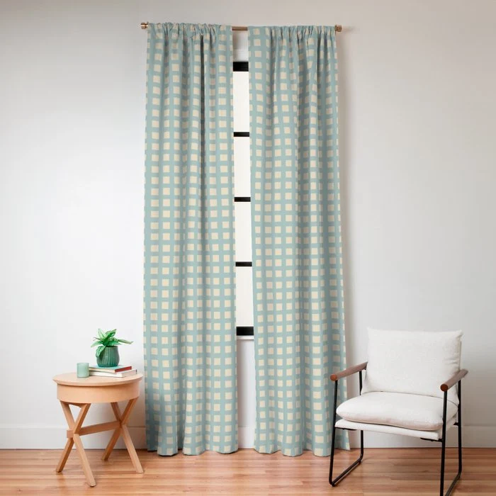 Blue geometric gingham grid art pattern Window Curtain