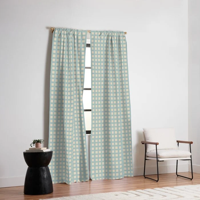 Blue geometric gingham grid art pattern Window Curtain