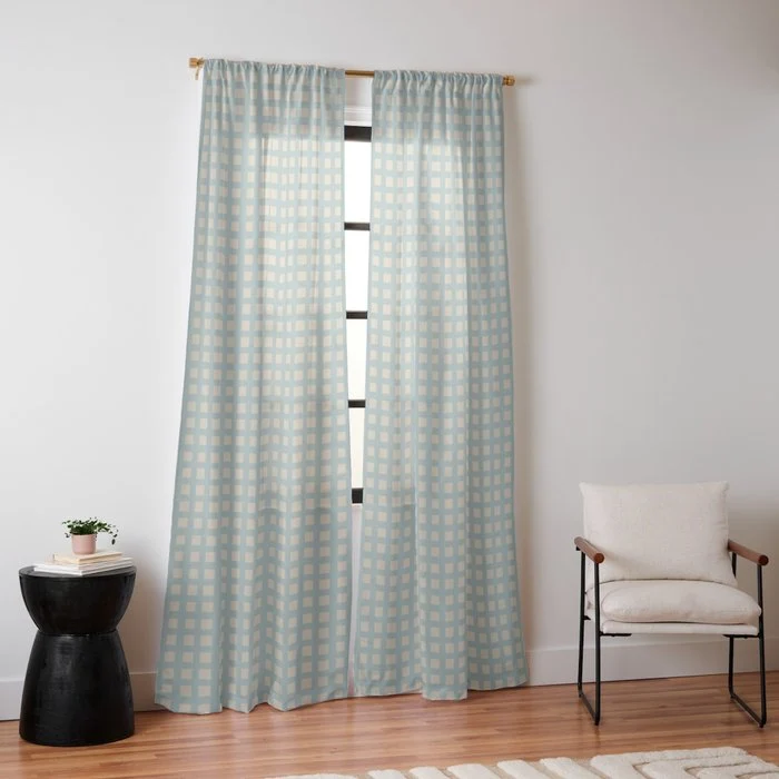 Blue geometric gingham grid art pattern Window Curtain