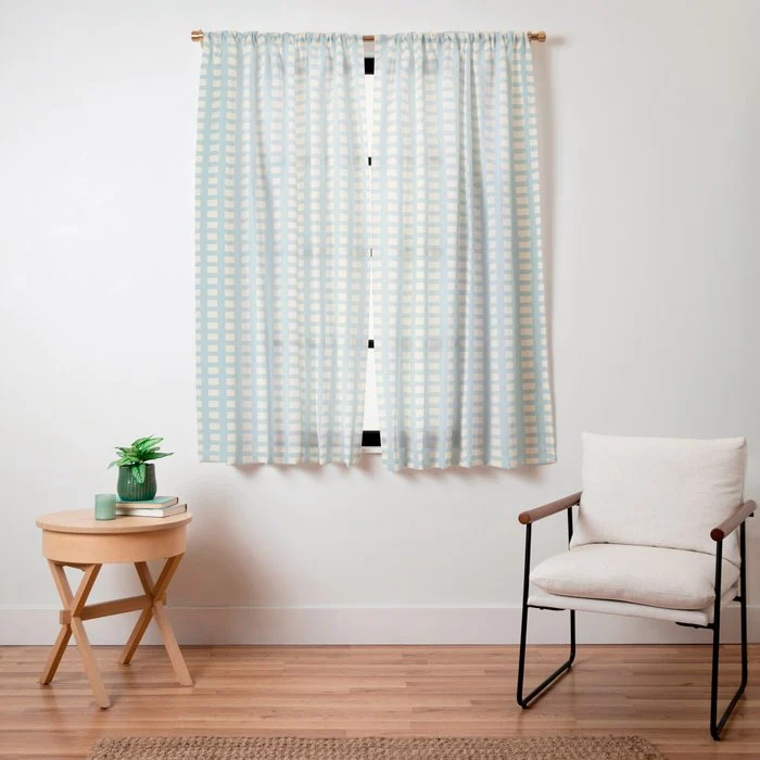 Blue geometric gingham grid art pattern Window Curtain