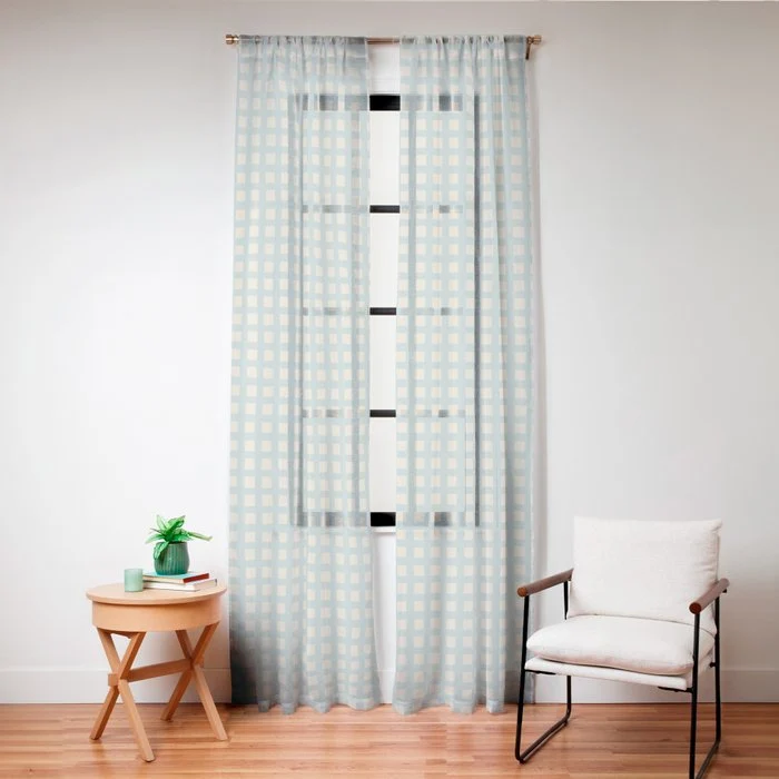 Blue geometric gingham grid art pattern Window Curtain