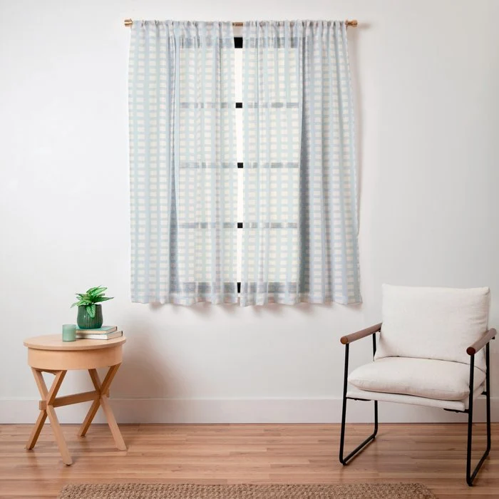 Blue geometric gingham grid art pattern Window Curtain
