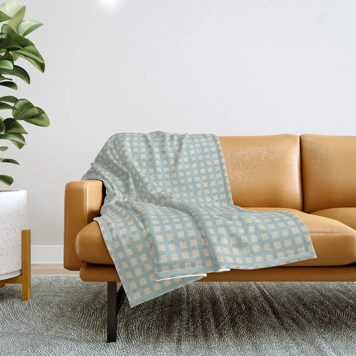 Blue geometric gingham grid art pattern Throw Blanket
