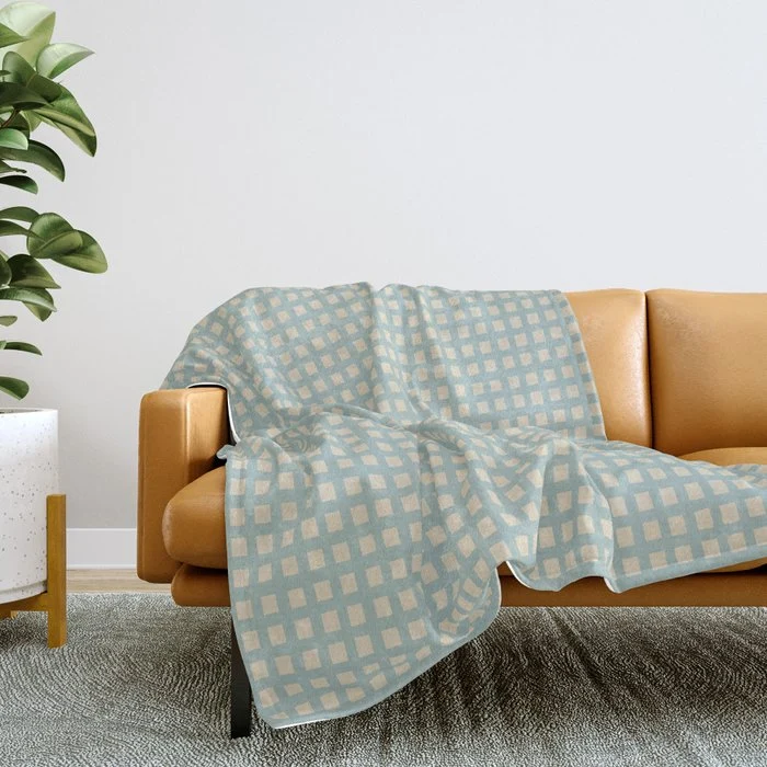 Blue geometric gingham grid art pattern Throw Blanket