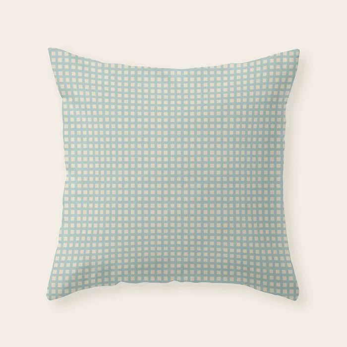 Blue geometric gingham grid art pattern Throw Pillow
