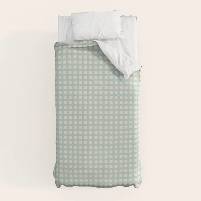 Blue geometric gingham grid art pattern Duvet Cover
