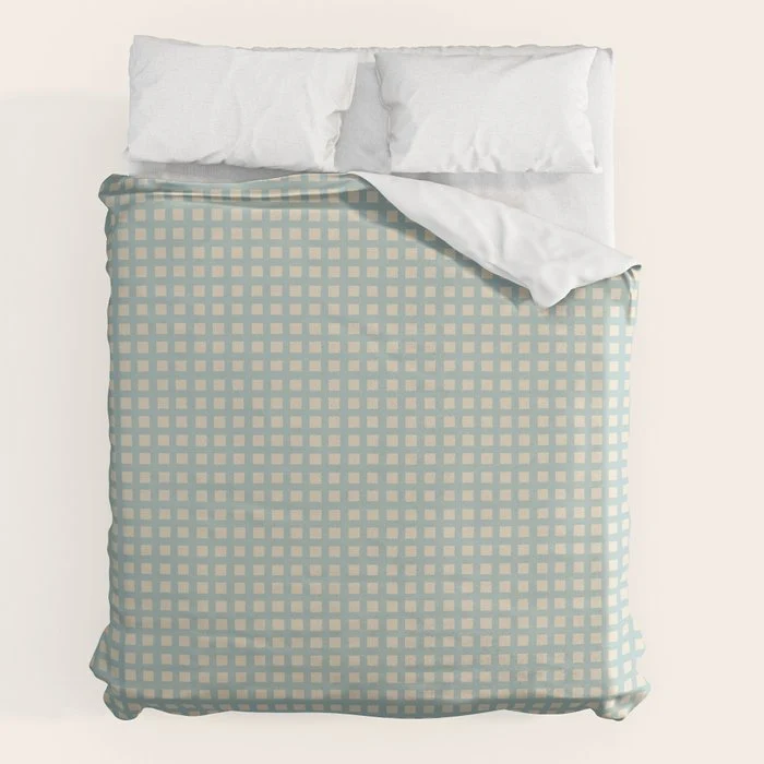 Blue geometric gingham grid art pattern Duvet Cover