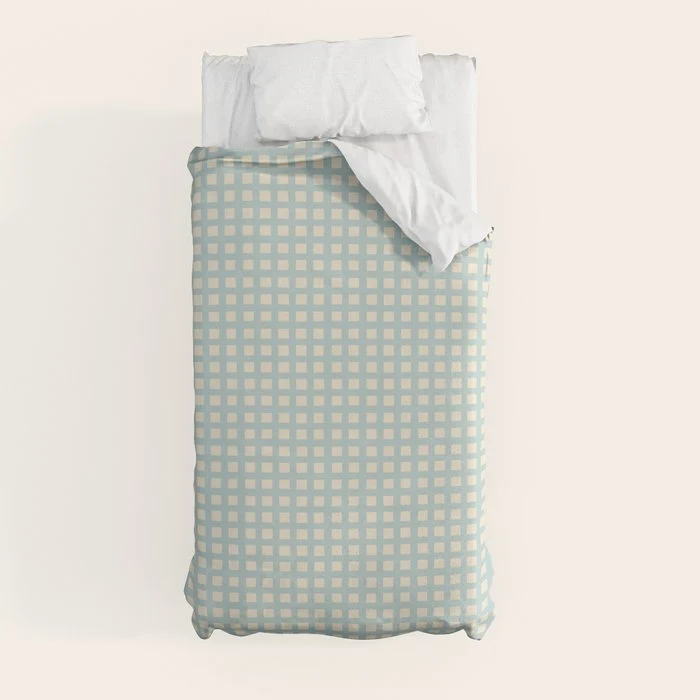 Blue geometric gingham grid art pattern Duvet Cover