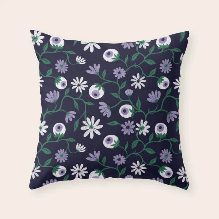 Dark Gothic Floral Garden Flowers and Eyes Creepy Halloween Throw Pillow