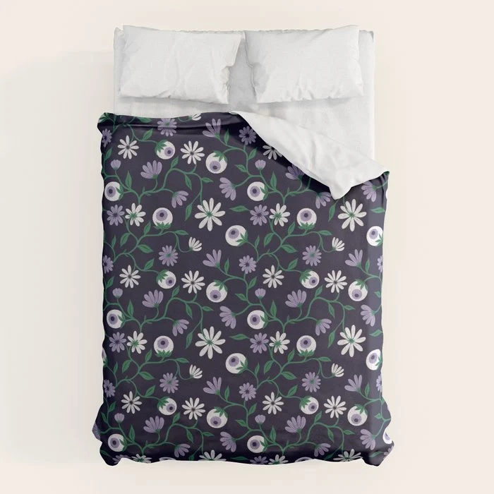 Dark Gothic Floral Garden Flowers and Eyes Creepy Halloween Duvet Cover