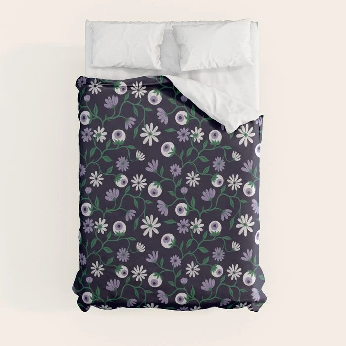 Dark Gothic Floral Garden Flowers and Eyes Creepy Halloween Duvet Cover