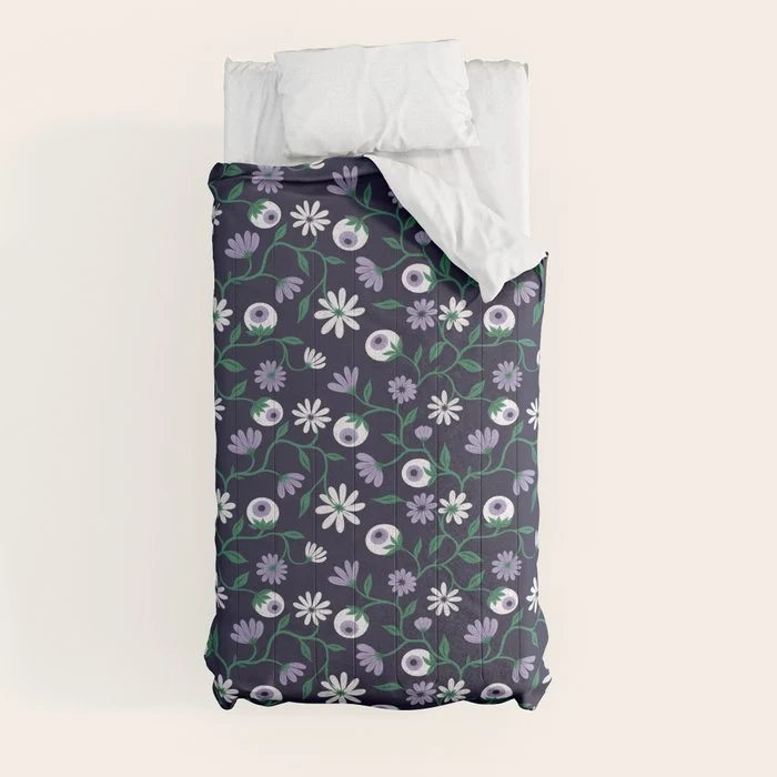 Dark Gothic Floral Garden Flowers and Eyes Creepy Halloween Comforter