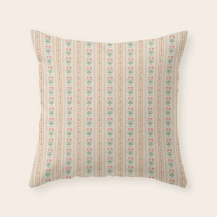 Vintage rose flower bouquet stripe art pattern Throw Pillow