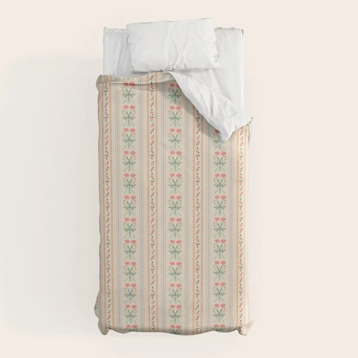 Vintage rose flower bouquet stripe art pattern Duvet Cover