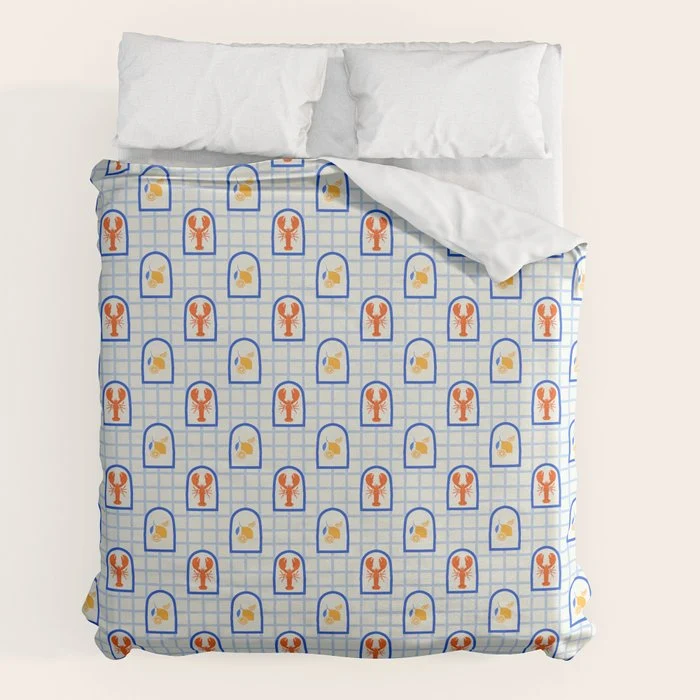 Mediterranean lobster sea food art pattern Duvet Cover